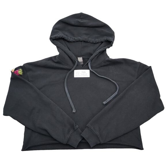 Accel Sweater Womens M Black French Terry Hooded Cropped Pullover Sleeve Logos - Picture 1 of 15